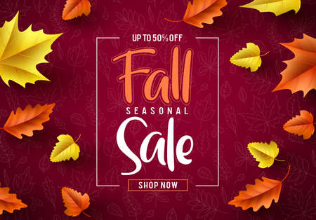 Fall sale seasonal vector banner. Fall season sale text typography with colorful maple leaves in red autumn pattern background. Vector illustration.のイラスト素材
