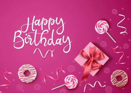 Happy birthday vector background design. Happy birthday text with gift, donuts, candies and confetti in feminine pink background. Vector illustration.のイラスト素材