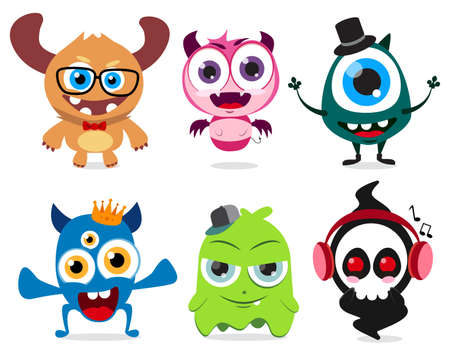 Cute little monsters set vector characters. Cute monster  creatures with funny and crazy faces  isolated in white background. Vector illustration.のイラスト素材