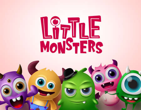 Cute little monsters 3d realistic characters vector background template. Little monsters text with empty space for messages in red background. Vector Illustration.のイラスト素材