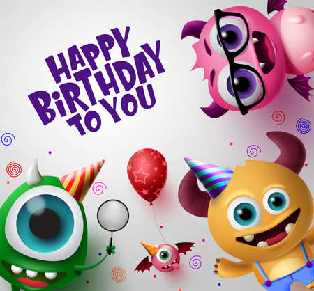 Happy birthday greeting card with cute little monsters creature vector background design. Happy birthday text with empty space for message in white back ground. 3d Realistic  Vector Illustration.のイラスト素材