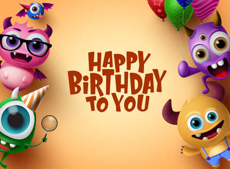 Happy birthday vector background design. Cute little monsters character with colorful party elements like balloons and hat in orange background with happy birthday text in empty space for message. 3d Realistic Vector Illustration.のイラスト素材
