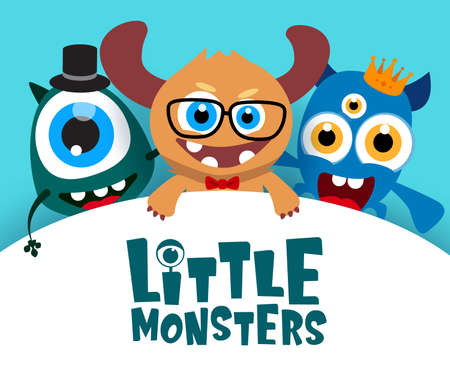 Little monsters vector background template. Little monsters text in empty white space for message and cute funny characters in background. Vector Illustration.のイラスト素材