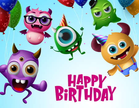 Happy birthday with monster characters vector design. Happy birthday text in flying little monsters creature with colorful balloons and wearing party hats in blue background. Vector Illustration.のイラスト素材