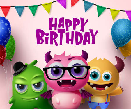Happy birthday vector concept design. Cute little monsters creature characters and happy birthday text with colorful party elements like balloons and pennants in pink background. 3d Realistic Vector illustration.のイラスト素材