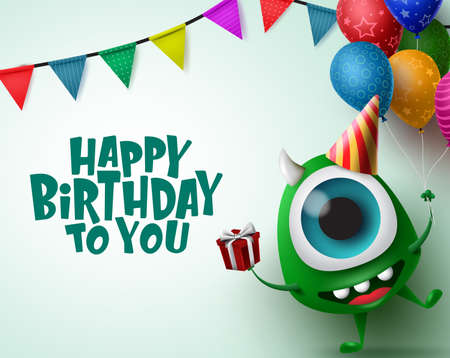 Happy birthday greeting card with monster character vector background template. Happy birthday text in empty space for messages with scary monster and party elements like balloons, hat, gift and pennants in green background. Vector Illustration.のイラスト素材