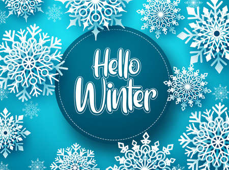 Hello winter vector greeting banner template. Snowflakes with hello winter text and space for message in blue background design. Vector Illustration.のイラスト素材