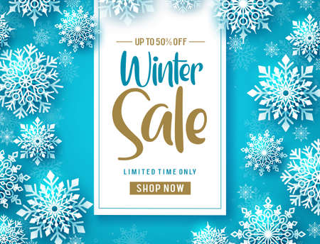 Winter sale vector banner design. Winter sale promo text with cold white snowflakes in blue background design. Vector Illustration.のイラスト素材