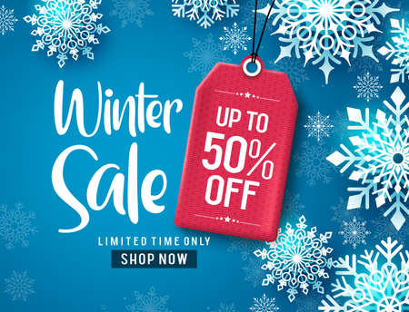 Winter sale vector banner design. Winter sale discount text with white snowflakes and red tag element in blue background.  Vector Illustration.のイラスト素材