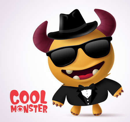 Cool monster escort vector character design. Cool Monster character creature with funny pose wearing  black coat, necktie, glasses and hat in white background. Vector Illustration.のイラスト素材