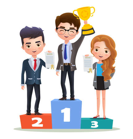 Business vector characters employee promotion. Male business character holding golden cup trophy for office work achievement and success. Vector illustration.のイラスト素材