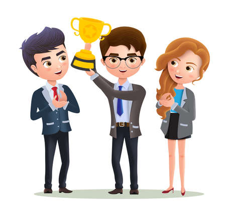 Business vector characters employee promotion. Male business character holding golden cup trophy for office work achievement and success. Vector illustration.のイラスト素材