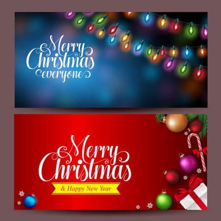 Christmas banners design for greetings card in colorful blue and red background with elements and typography. Vector illustration.のイラスト素材