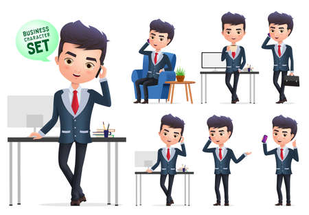 Business manager vector characters set. Business character office manager calling and standing in different gesture and pose isolated in white background. Vector illustration.のイラスト素材