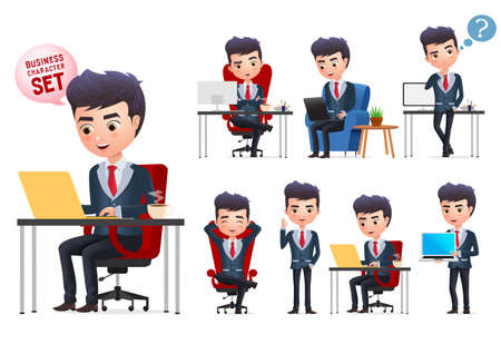 Business man vector characters set. Business professional office young manager character sitting  and doing desk work isolated in white background. Vector illustration.のイラスト素材
