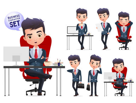 Business manager character vector set. Business boss or professional manager characters sitting and relaxing isolated in white background. Vector Illustration.のイラスト素材
