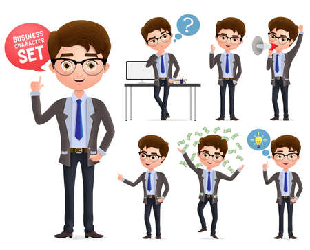Male business characters set. Businessman professional character talking, standing and thinking in different pose and gesture isolated in white background. Vector illustration.のイラスト素材