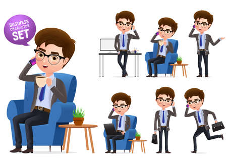 Business manager vector characters set. Sitting business manager character talking in mobile phone isolated in white background. Vector Illustration.のイラスト素材