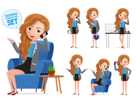 Businesswoman vector characters set. Sitting business woman young office manager character talking on mobile phone isolated in white background, Vector illustration.のイラスト素材