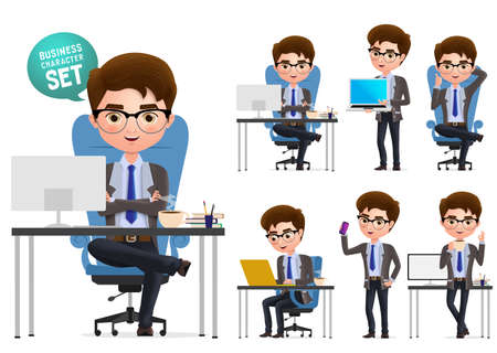 Business office desk vector character set. Business man character sitting and working in office desk and talking set isolated in white background. Vector illustration.のイラスト素材