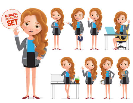 Businesswoman vector character set. Business woman characters wearing professional office attire standing and sitting in different pose in white background. Vector illustration.のイラスト素材