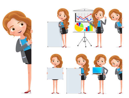 Business woman character vector set. Female businesswoman characters holding whiteboard and showing presentation with happy smile isolated in white background. Vector illustration.のイラスト素材