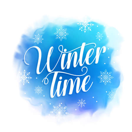 Winter time text vector design for greetings card in blue watercolor style background with snowflakes. Vector illustration.のイラスト素材