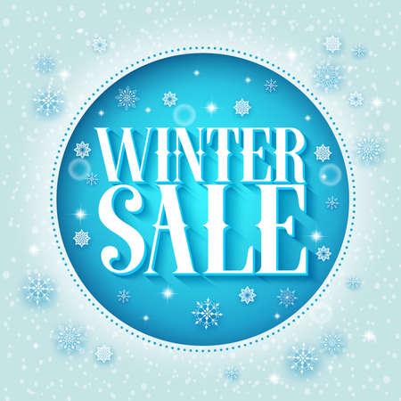 Winter sale vector design 3D text in a blue circle and snow background with different snowflakes for season promotion. Vector illustration.のイラスト素材