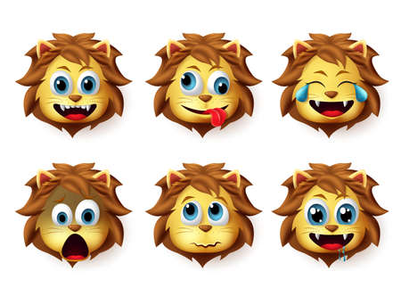 Emoji lion vector set. Lion animals emoji in happy and crazy facial expression isolated in white background. Vector illustration 3d realistic.のイラスト素材