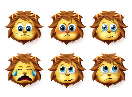 Lion animal emoji vector set. Cute emoji of lions face in sad and angry emotions and expressions isolated in white background. Vector illustration.のイラスト素材