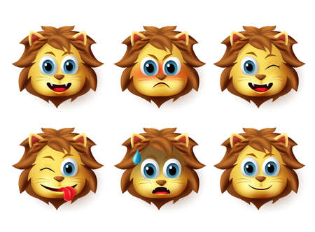 Lion animal emoticon vector set. Lion animals head emoji set with happy and funny face expression and emotion isolated in white background. Vector illustration.のイラスト素材