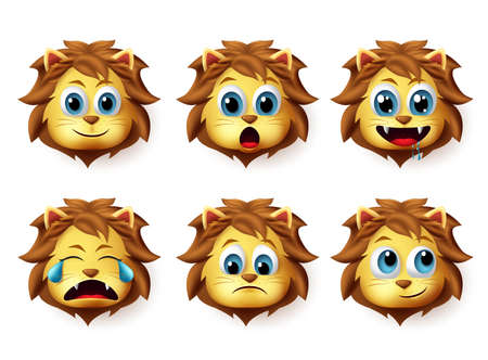 Lion animal emoticon vector set. Lions emoji and emoticon in cute happy facial expression isolated in white background. Vector illustration 3d realistic.のイラスト素材