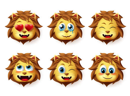 Lion animal emoji vector set. Lions emoticons with funny and inlove facial expressions for design elements isolated in white background. Vector illustration.のイラスト素材