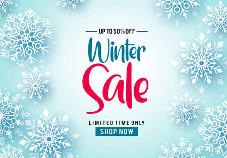 Winter sale vector banner background. Winter sale text and falling snowflakes in white background for seasonal promotion. Vector illustration.のイラスト素材
