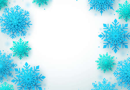 Winter snowflakes vector background. White winter background with blue snowflakes and empty white space for text. Vector illustration.のイラスト素材