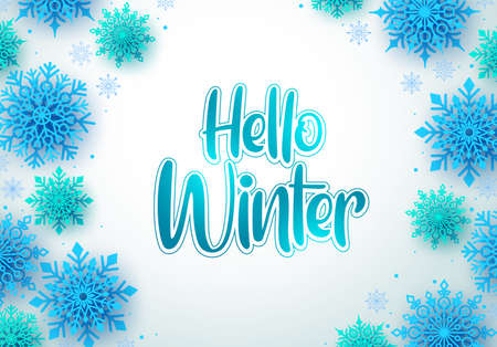 Hello winter vector greeting card background. Hello winter text and snowflakes in empty white space for message. Vector Illustration.のイラスト素材