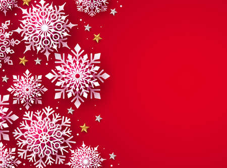 Winter snow for christmas vector background. Christmas snowflakes in red background and empty space for text. Vector illustration.のイラスト素材