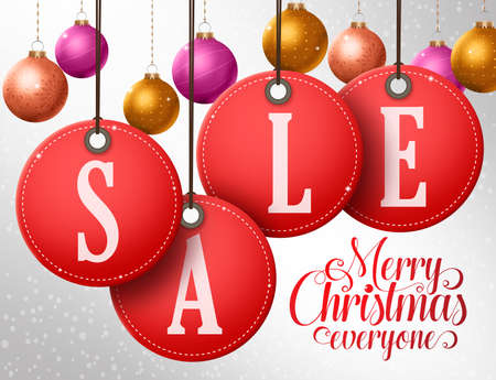 Christmas sale vector design in hanging red sale tags with colorful christmas balls in winter snowflakes background. Vector illustration.のイラスト素材