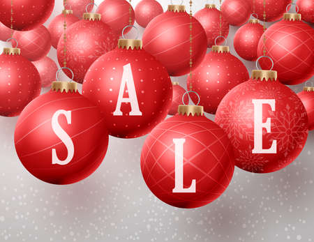 Christmas sale text in christmas red balls hanging in a winter snow background for discounts and promotions. Vector illustration.のイラスト素材