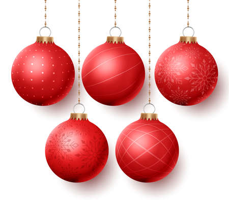 Christmas balls vector set with different designs hanging isolated in white background. Vector illustration.のイラスト素材