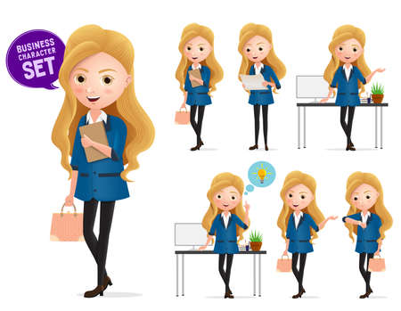 Female business vector characters set. Businesswoman character holding paper works and thinking ideas while standing isolated in white background. Vector illustration.のイラスト素材