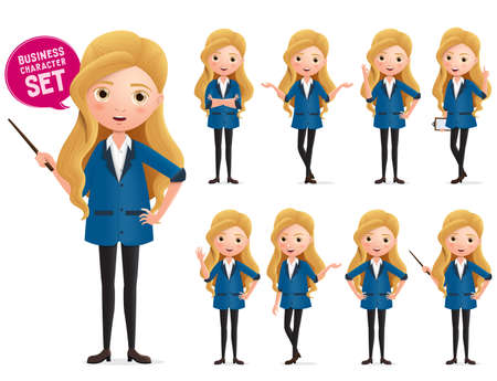Business woman standing vector character set. Business characters of woman wearing professional  formal attire posing like teacher isolated in white background. Vector illustration.のイラスト素材