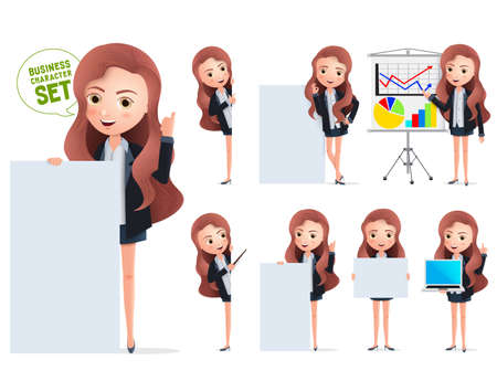 Business woman in whiteboard presentation character vector set. Business character woman showing and presenting while standing for marketing sales in whiteboard. Vector illustration.のイラスト素材