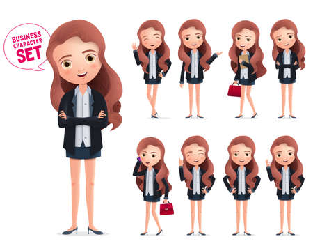 Female business characters vector set. Business woman character standing and happy wearing office attire in different pose and gesture isolated in white background. Vector illustration.のイラスト素材