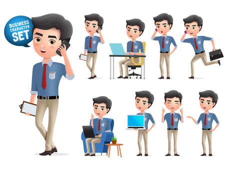 Male business character calling vector set. Standing business man characters calling and talking with mobile phone isolated in white background. Vector illustration.のイラスト素材