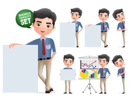 Businessman presentation characters vector set. Business man character with whiteboard presenting and showing sales chart isolated in white background. Vector illustration.のイラスト素材