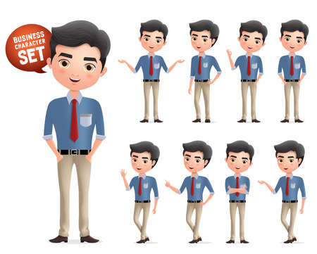 Male professional business characters vector set. Business manager character standing and wearing work attire in different pose and gesture isolated in white background. Vector illustration.のイラスト素材