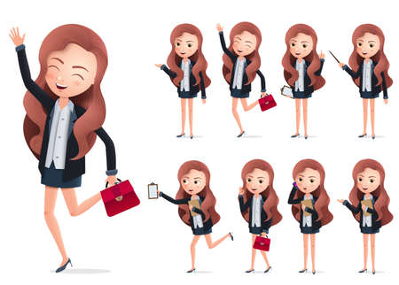 Happy business character female vector set. Business woman professional character happy standing, running and presenting in different gesture and pose isolated in white background. Vector illustration.のイラスト素材