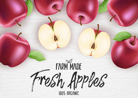 Fresh Red Apples Organic Farm Made. 3D Realistic Whole and Sliced Apples Banner with Leaves on White Wood Background. Vector Mesh Illustrationのイラスト素材