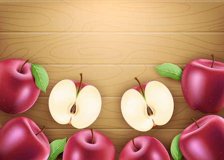 Red Fresh Apples Ripe Fruit 3D Realistic Banner with Leaves and Space for text on Brown Wood Background. Vector Mesh Illustrationのイラスト素材